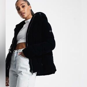 Calvin Klein Hooded Navy Blue Velvet Luxury Puffer Coat